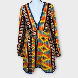 INDAH NWT‎ Adila Jambo Zuri Print Mini Dress V Neck Long Sleeve Open Back Medium